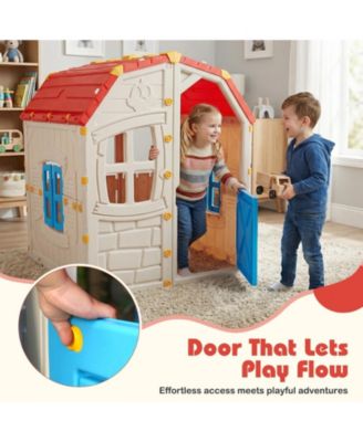 Kids Indoor/Outdoor Playhouse with Opening Windows and Door, Pretend Play House
