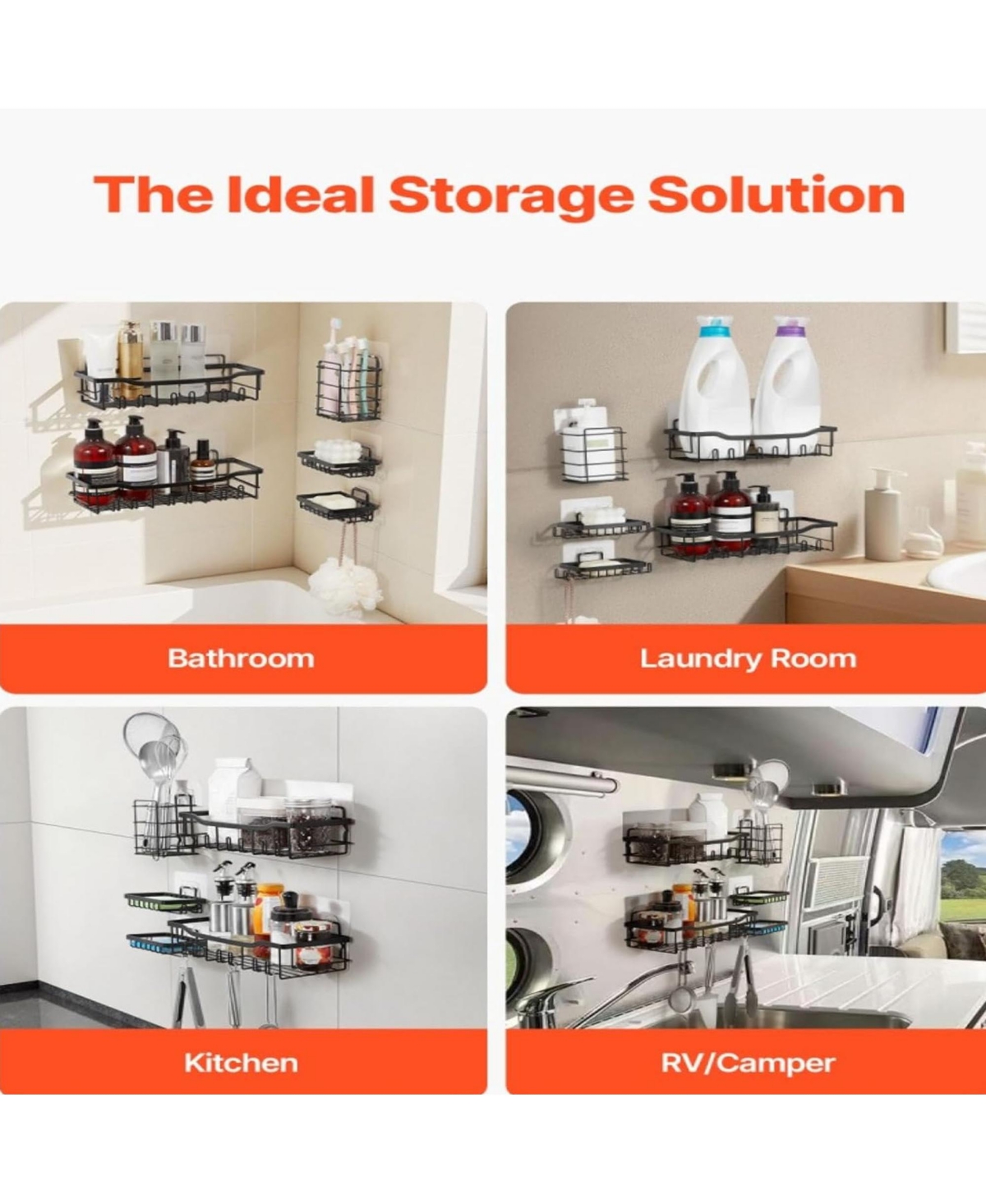 Rainsken Shower Caddy 5 Pack, Adhesive Bathroom Storage Organizer Set, No Drill Wall Mounted Shower Shelves, 40 lbs Capacity