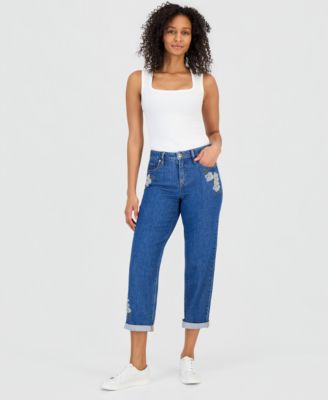 Women's Embroidered Mid Rise Relaxed Straight-Leg Jeans