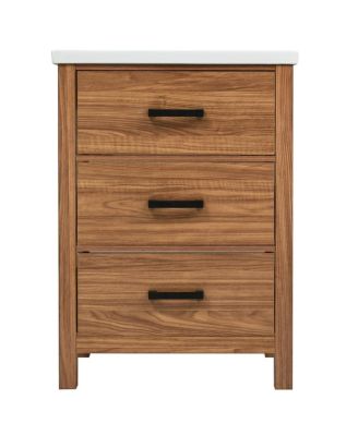 24" Walnut Bathroom Vanity with Ceramic Sink, Modern Freestanding Cabinet with 3 Drawers, MDF Wood for Small Spaces