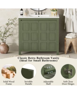 36" Retro Bathroom Vanity with Ceramic Sink, Solid Wood Frame and Soft Close Doors, Spacious Storage Cabinet for Modern Bathrooms.