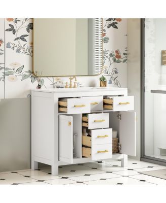 36" Modern Solid Wood Bathroom Vanity with Ceramic Sink, 4 Drawers & 2 Soft Close Doors Freestanding Cabinet