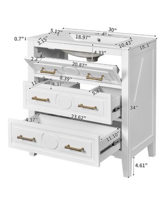 30" Bathroom Vanity with Ceramic Sink, Retro Solid Wood Cabinet & 3 Drawer Storage for Small Spaces