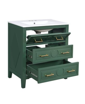 30" Bathroom Vanity with Ceramic Sink, Retro Solid Wood Cabinet & 3 Drawer Storage for Small Spaces