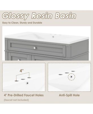 36" Bathroom Vanity with Resin Sink, Modern Freestanding Cabinet with Drawers & Adjustable Shelf, Solid Wood MDF Storage