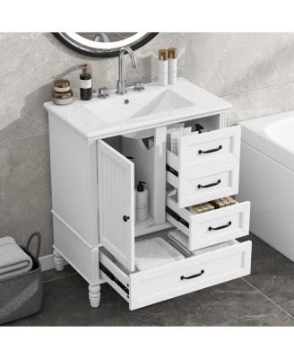 30" Modern Bathroom Vanity with Ceramic Sink, Freestanding Acacia Wood MDF Cabinet with 3 Drawers & Door