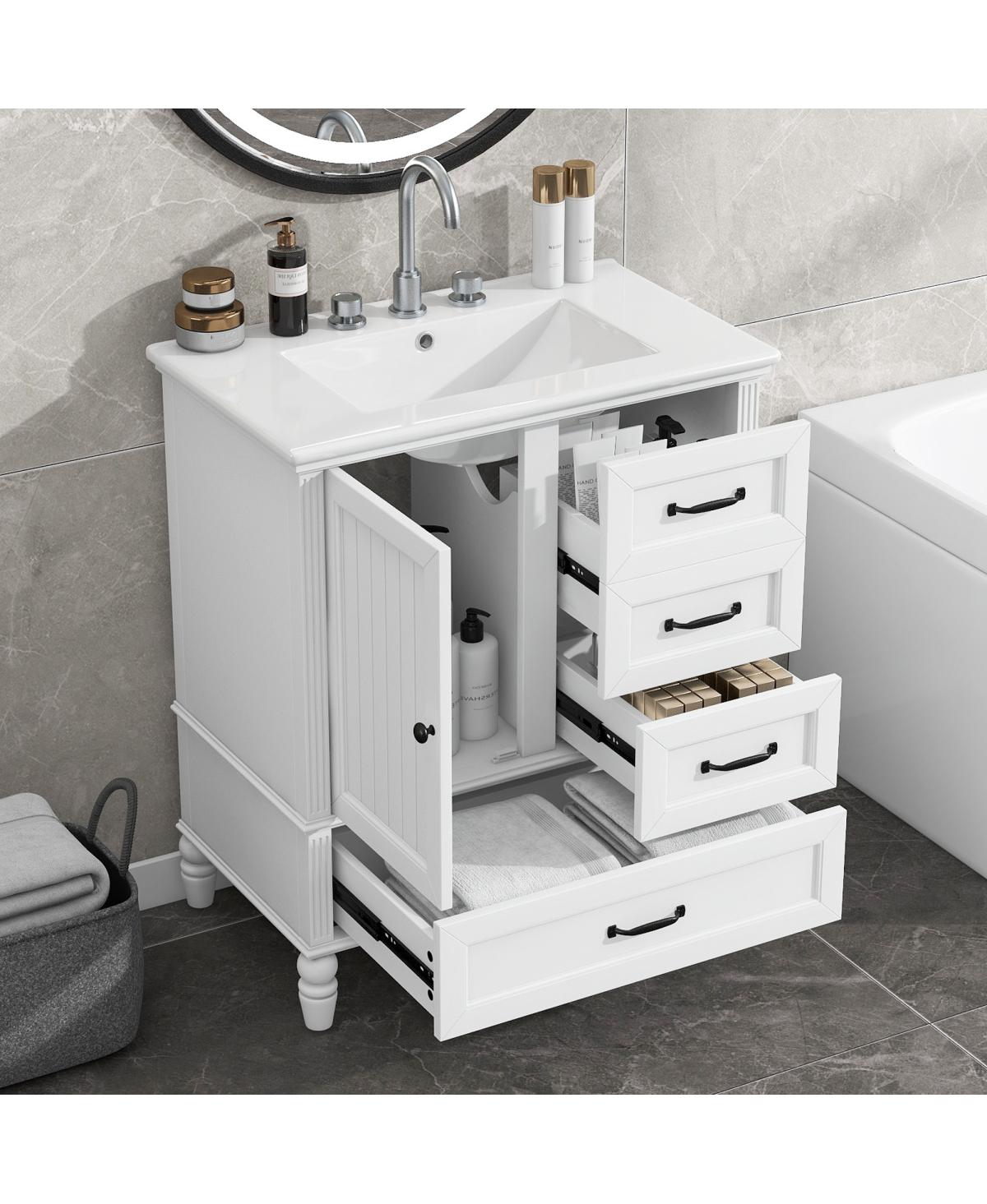 Sillysis 30" Modern Bathroom Vanity with Ceramic Sink, Freestanding Acacia Wood Mdf Cabinet 3 Drawers & Door