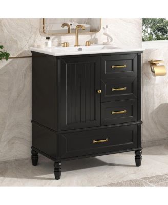 30" Modern Bathroom Vanity with Ceramic Sink, Freestanding Acacia Wood MDF Cabinet with 3 Drawers & Door