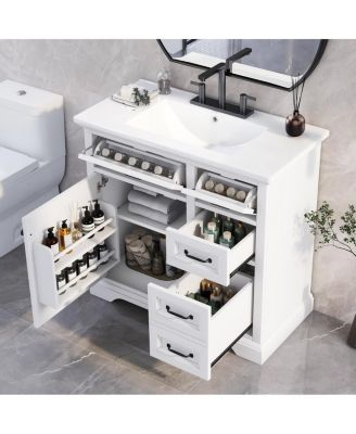 36" Bathroom Vanity with Ceramic Sink, Classic Modern Rubber Wood Cabinet & Ample Drawer Storage for Small Spaces