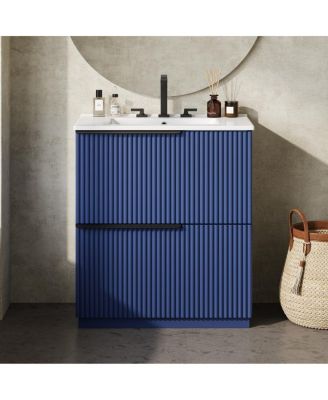 30" Modern Fluted Bathroom Vanity Cabinet with Ceramic Sink, Soft Close Drawers & Storage for Small Bathrooms