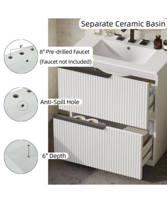 30" Modern Fluted Bathroom Vanity Cabinet with Ceramic Sink, Soft Close Drawers & Storage for Small Bathrooms