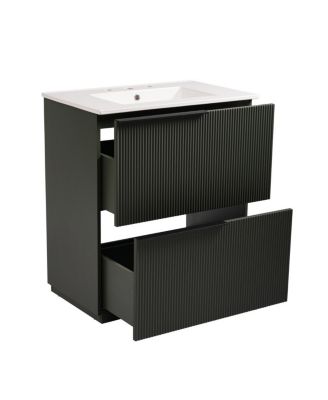 30" Modern Fluted Bathroom Vanity Cabinet with Ceramic Sink, Soft Close Drawers & Storage for Small Bathrooms