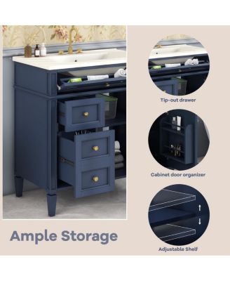 Bathroom Vanity with Ceramic Sink, Solid Wood Cabinet, Ample Storage Drawers Adjustable Shelf for Small