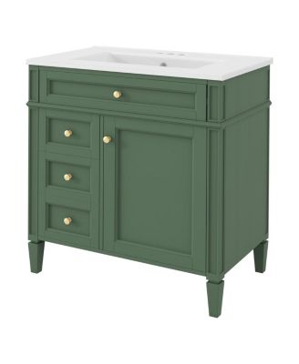 Bathroom Vanity with Ceramic Sink, Solid Wood Cabinet, Ample Storage Drawers Adjustable Shelf for Small