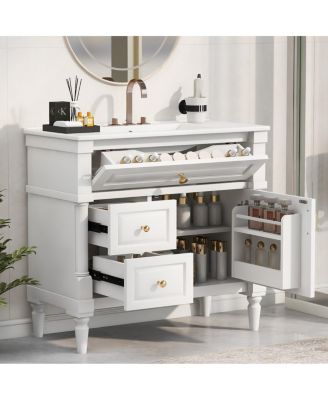 36" Bathroom Vanity with Sink, Solid Wood Cabinet with Flip Drawer and Adjustable Shelf, Freestanding Modern Storage