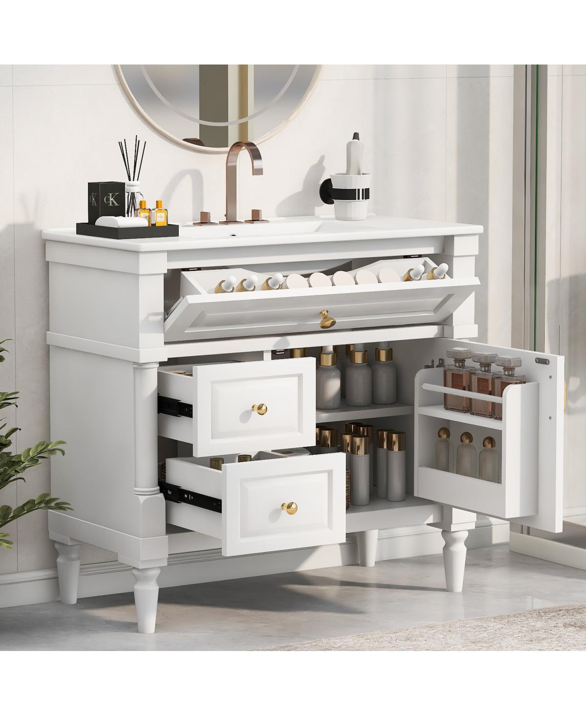 Sillysis 36" Bathroom Vanity with Sink, Solid Wood Cabinet Flip Drawer and Adjustable Shelf, Freestanding Modern Storage