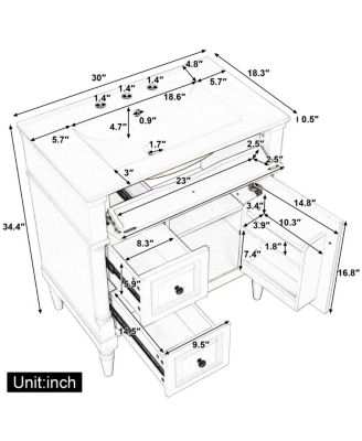 30" Bathroom Vanity with Ceramic Sink, Modern  Solid Wood Freestanding Bathroom Cabinet for Small Spaces