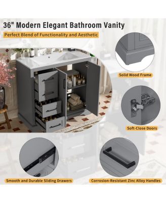 36" Modern Bathroom Vanity with Ceramic Sink, Solid Wood Frame & Soft Close Drawers for Small Spaces