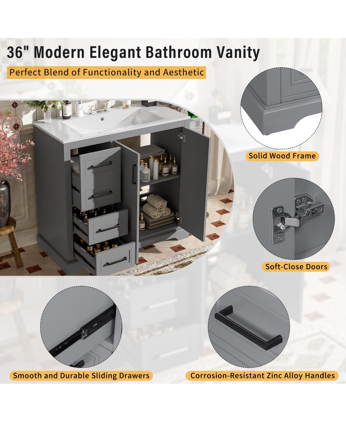 Sillysis 36" Modern Bathroom Vanity with Ceramic Sink, Solid Wood Frame & Soft Close Drawers for Small Spaces