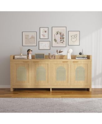 Natural Rattan TV Stand for 65 Inch TV, Modern Entertainment Center with Glass Doors & Cabinet, 61.5 Inch Console Table