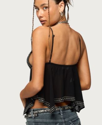 Women's Studded Asymmetric Sheer Babydoll Top