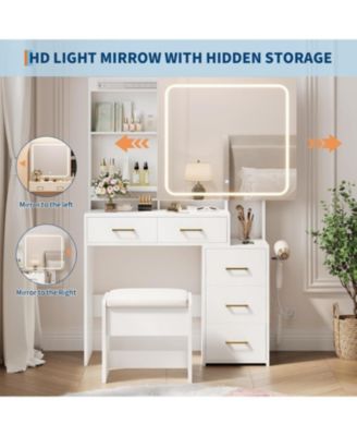 Vanity Desk with Mirror and Lights, Makeup Vanity Set with Drawers & Chair, 3 Light Mode and Brightness Adjusted & Power Outlet