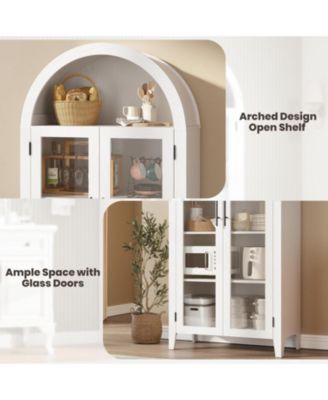Arched Kitchen Pantry Storage Cabinet - Farmhouse 5 Tier Display Shelf with Adjustable Shelf and 2 Large Glass Doors