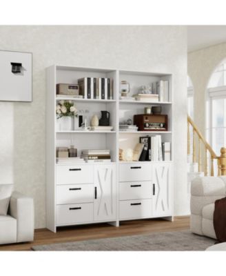 6-Tier Bookshelf with Door and 3 Drawers, 71" Tall Bookcase with 3-Tier Open Shelves