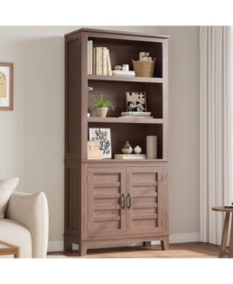 Farmhouse Bookcase with Doors, 5 tier vintage bookshelf with cabinet and adjustable shelf for rustic living room storage