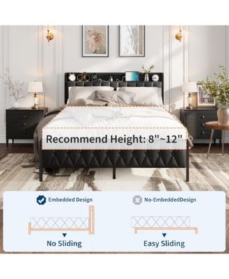 Queen Bed Frame with PU Faux Leather & Charging Station, Upholstered Platform Bed with 12" Underbed Storage & Metal Frame