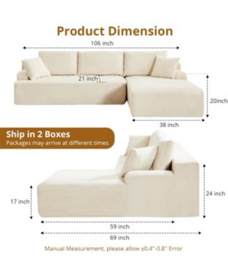 Cloud Sectional Couch 106" Modern L-Shape Corner Modular Upholstered Sofa with Loveseat Chaise Deep Seat Plush Corduroy Fabric Foam Cushions
