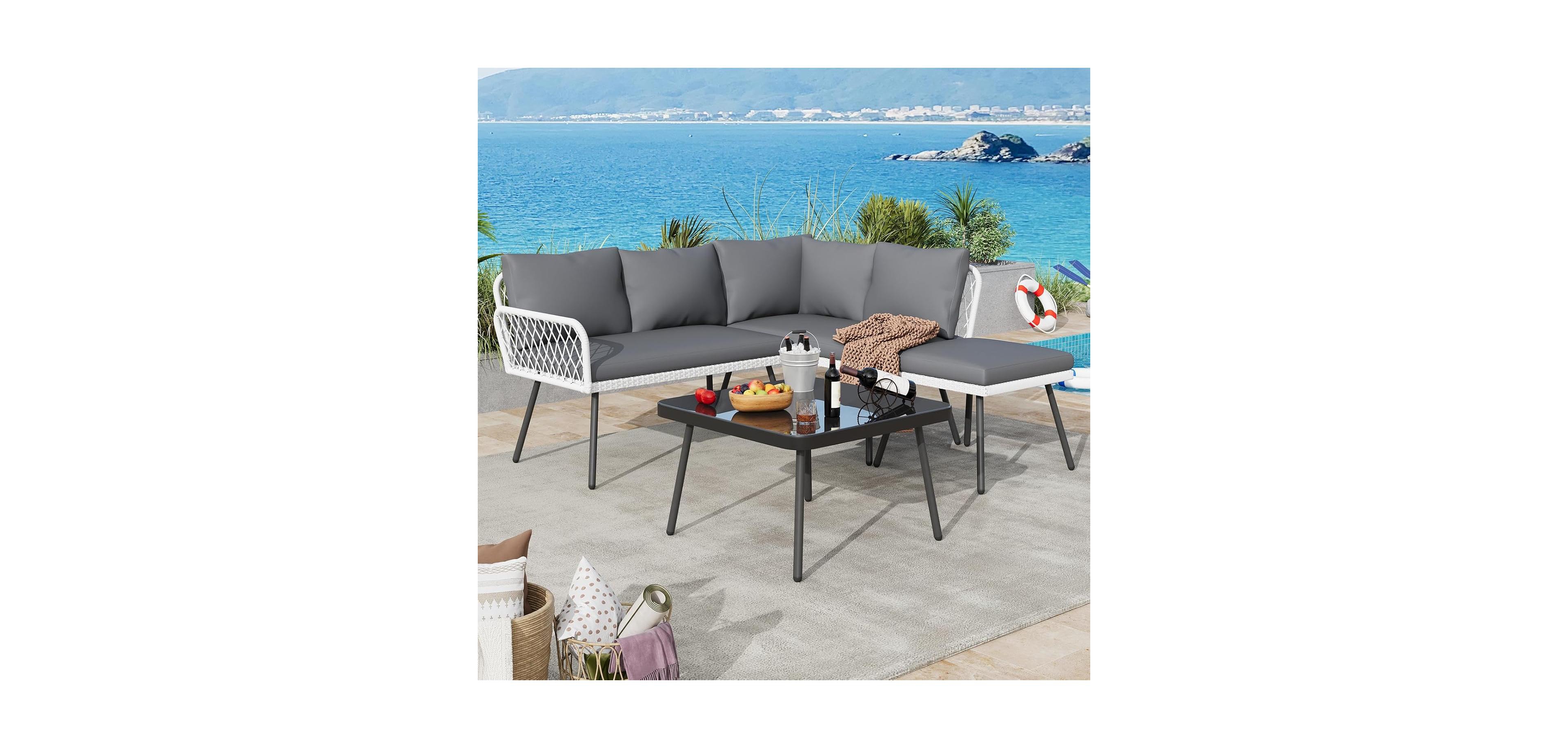 gaomon L-Shaped Wicker Outdoor Furniture Set, 4-Piece Patio Sectional Sofa with Handmade Rattan and Metal Frame
