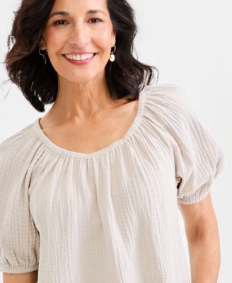 Women's Cotton Gauze Puff-Sleeve Top