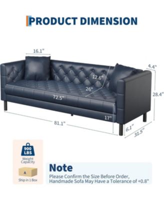 81" Leather Couch, Handmade Button Tufted 3 Seater Sofa, Chesterfield Sofa with Deep Seat and 2 Pillows, Leather Sofa for Living Room Apartment