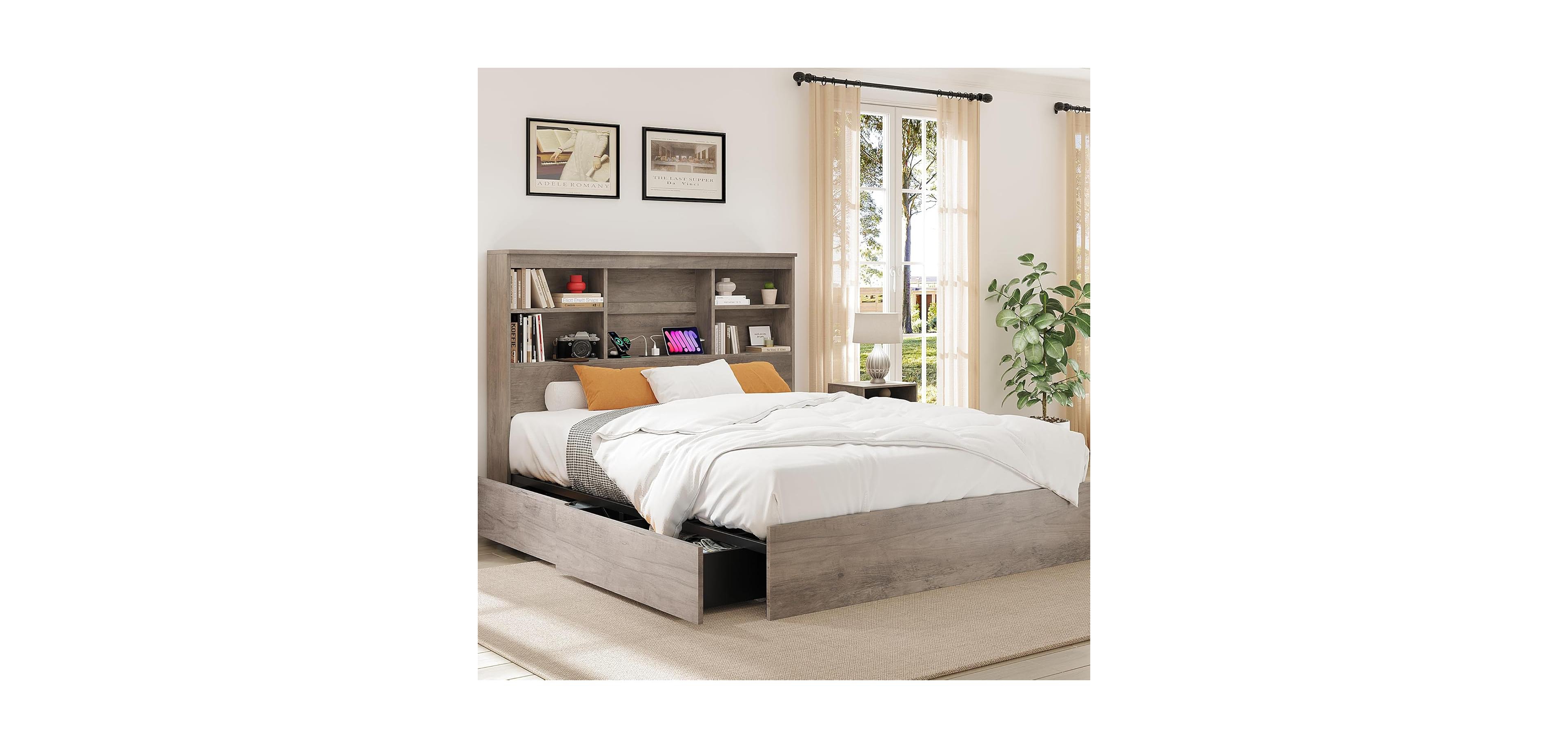 Gaomon King Size Bed Frame with High Storage Bookcase Headboard, Wood Bed Frame with 4 Storage Drawers, Built in Charging Station, No Box Spring