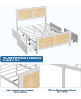 Bed Frame with Headboard, Boho Cane Platform King Size Bed Frame with 4 Drawers, Strong Metal Slats Support, No Box Spring Needed