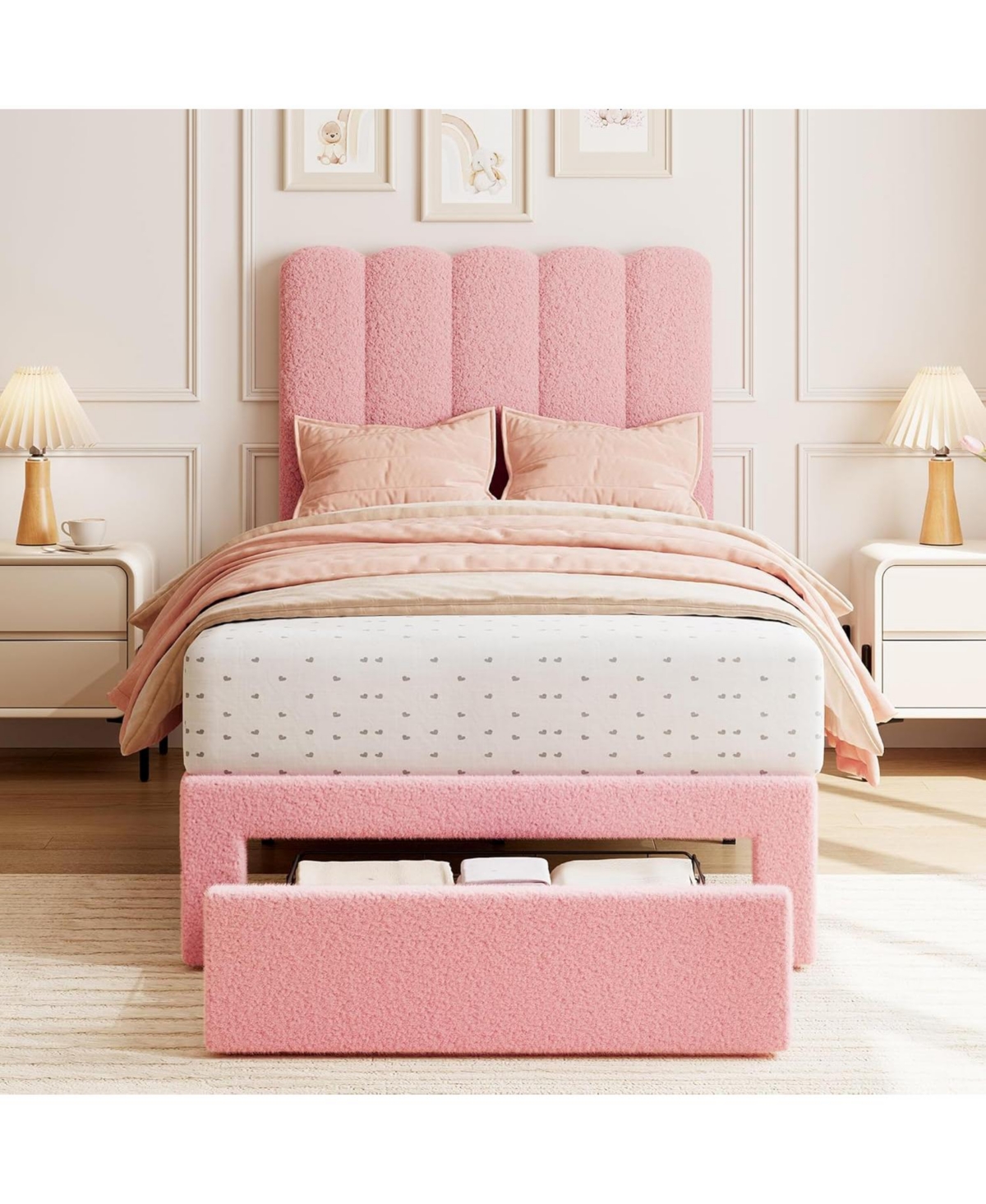 gaomon 2 Sets Bed Frame with Under-Bed Drawer, Upholstered Platform Bed with Wave Headboard for Kids or Girls