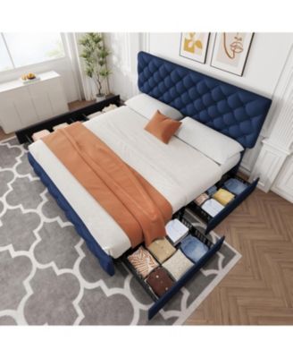King Size Bed Frame with 4 Storage Drawers and Adjustable Headboard, Linen Upholstered Platform Beds