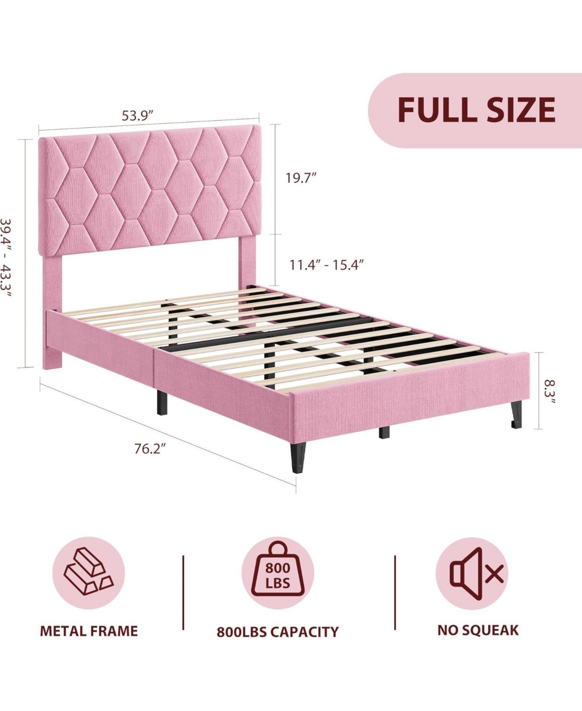 gaomon Full Upholstered Platform Bed Frame with Pink Headboard, Wood Slats, Heavy Duty, Noise Free Design