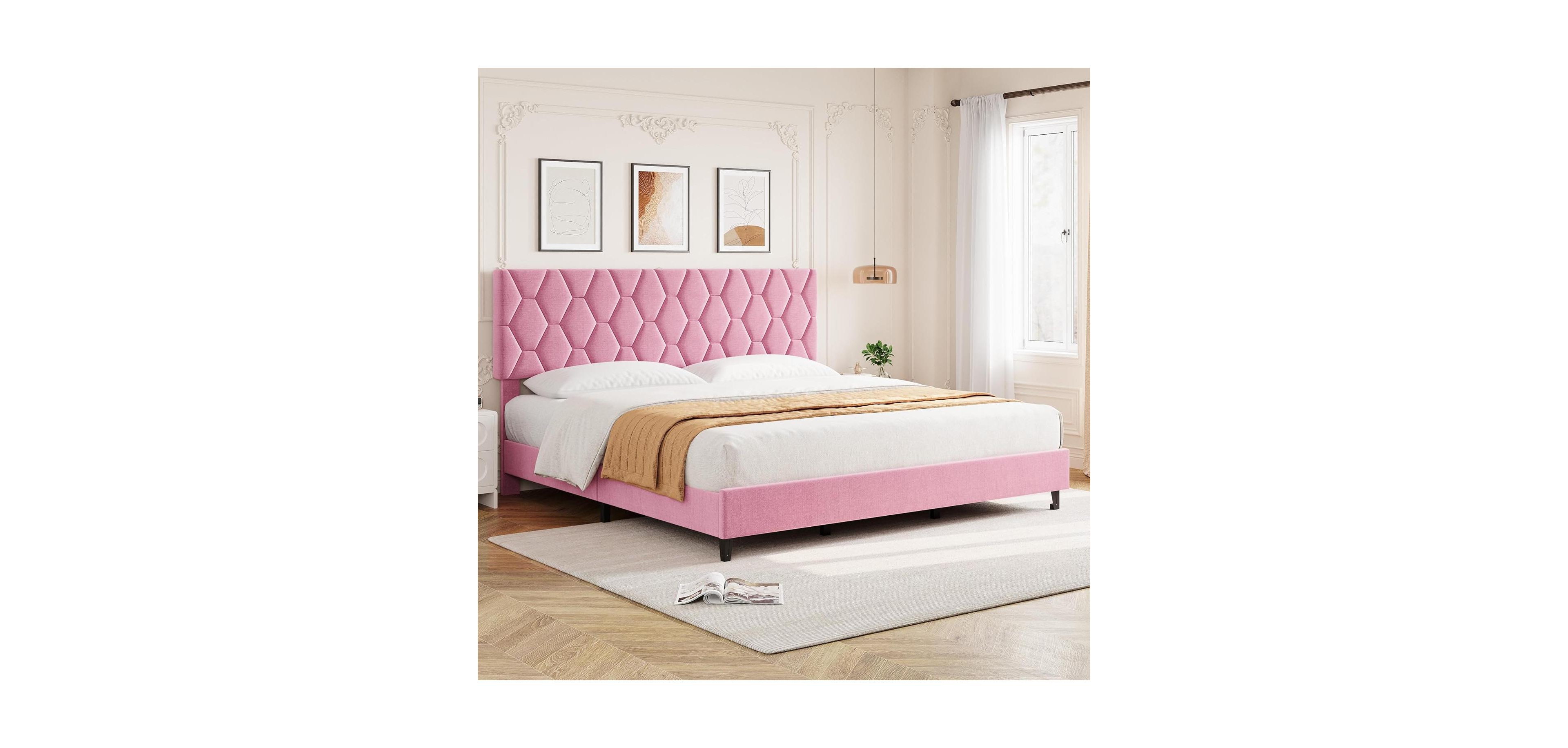 gaomon King Bed Frame with Upholstered Headboard, Heavy-Duty Platform Bed Frame with Strong Wood Slats, No Box Spring Needed/Noise Free/Easy Assembly