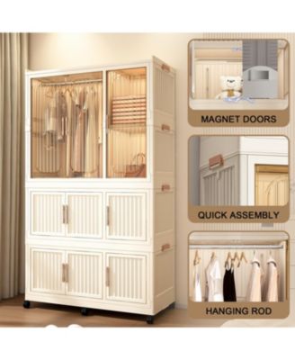 Portable Wardrobe Closet with 9 Magnetic Doors, 1 Hanging Rod & 6 Hangers