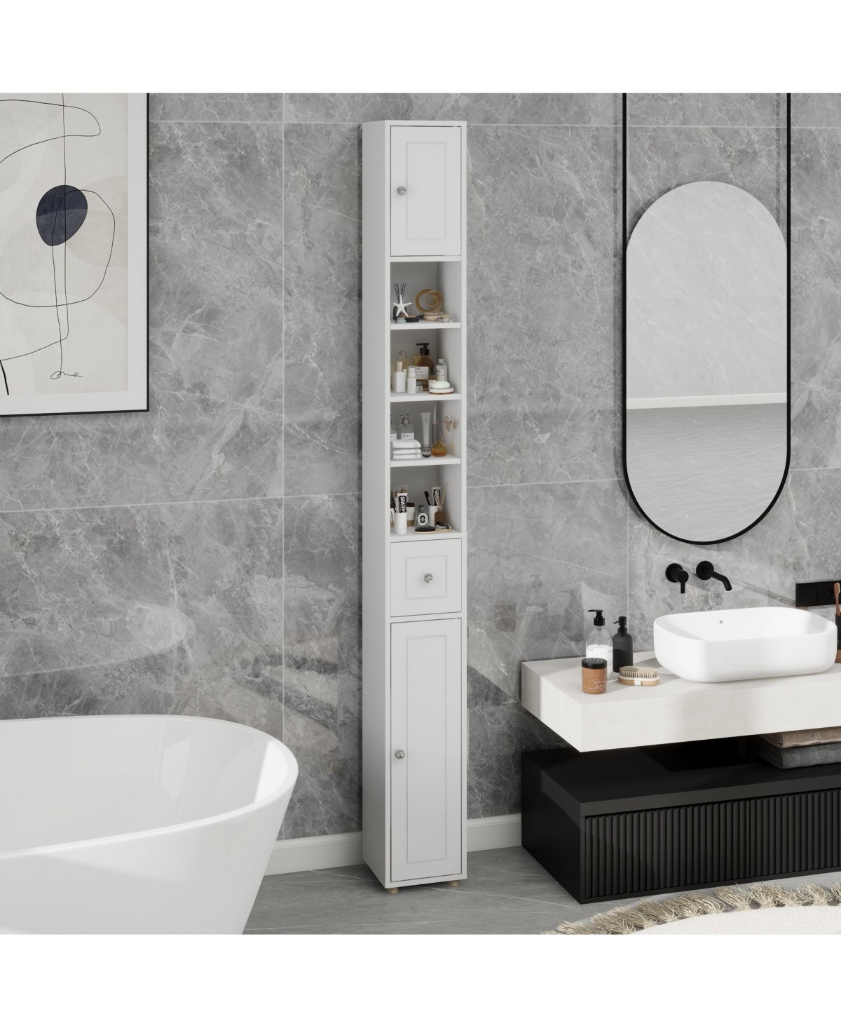 Rainsken Tall Slim Bathroom Storage Cabinet, Freestanding Wooden Tower Cabinet with 2 Doors, 1 Drawer and 4 Adjustable Shelves for Small Spaces