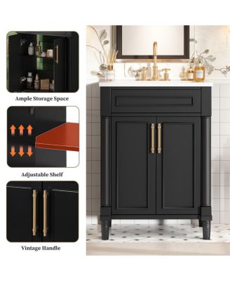 24" Bathroom Vanity with Curved Ceramic Sink, Adjustable Shelf 2-Door Storage for Small Modern Bathrooms