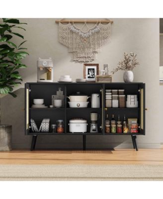 Rattan Storage Cabinet with 3 Doors, Boho Sideboard Buffet Cabinet Wood Farmhouse Credenza Cabinet