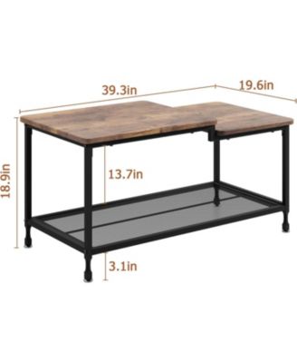 Coffee Table Industrial Living Room Table 2-Tier Rustic Center Table with Mesh Shelf Rectangle Storage Cocktail Table Metal Frame