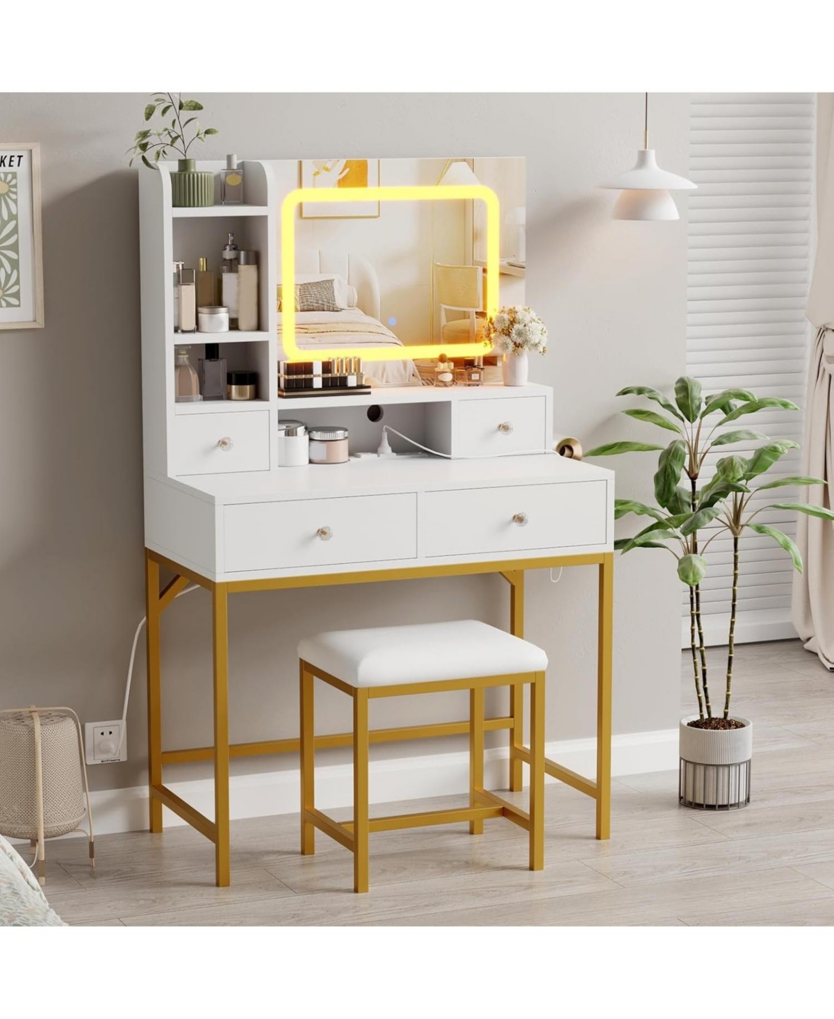 gaomon Vanity Desk with Mirror - 3 Adjustable Lighting Mode Makeup Vanity - Modern Dressing Table and Stool with Charging Station