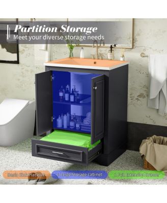 24" Bathroom Vanity with Ceramic Sink, Modern Freestanding Cabinet with Drawer & Soft Closing Doors, Solid Wood MDF Storage