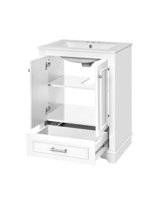 24" Bathroom Vanity with Ceramic Sink, Modern Freestanding Cabinet with Drawer & Soft Closing Doors, Solid Wood MDF Storage
