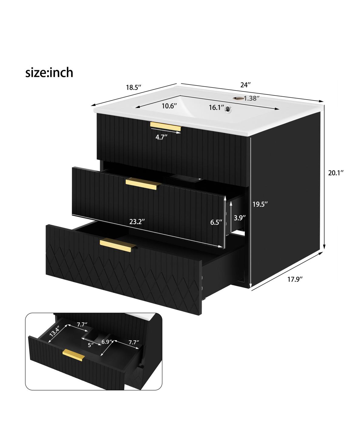 Sillysis 24"Wall Mounted Bathroom Vanity with Ceramic Sink & Double Drawers, Stripe Design for Small Bathrooms