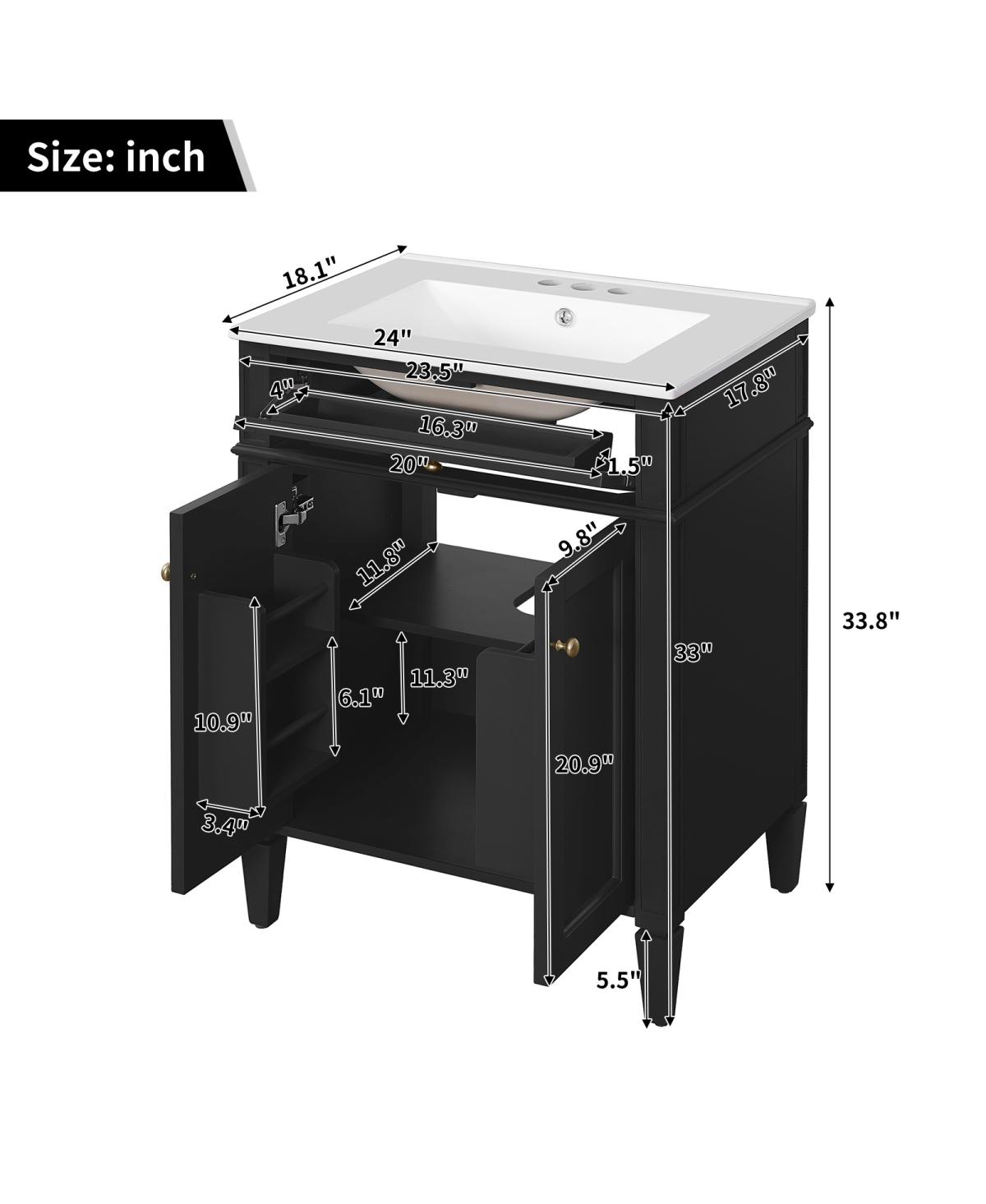 Sillysis 24" Modern Bathroom Vanity with Ceramic Sink, Soft Close Doors & Adjustable Storage Shelf for Small Spaces